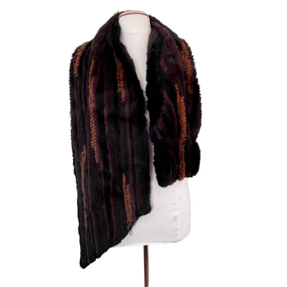 Belle Fare Salo Genuine Mink Fur Knit Pull Thru Scarf  Brown‎ Purple Gold 60" - Picture 3 of 10